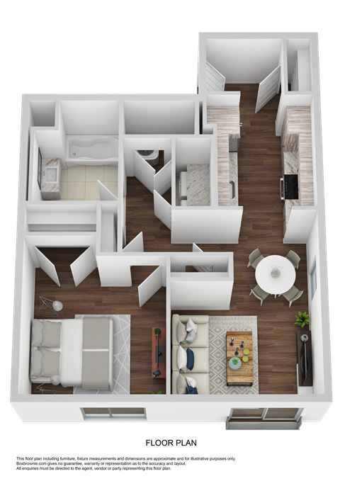 Floor plan for 1 bed, 1 bath, 637 sqft
